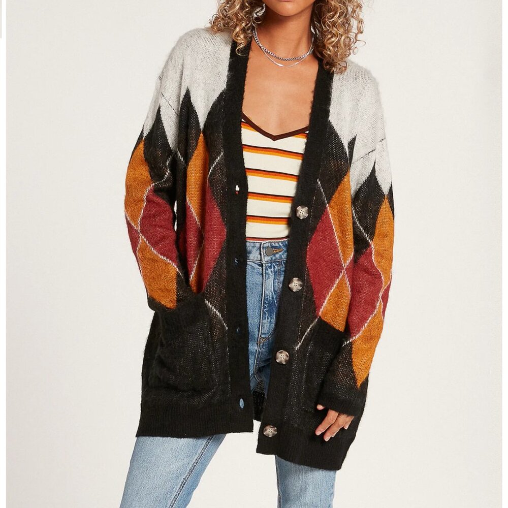 Volcom Knitty City Argyle Button Up Long Sleeve Cardigan Sweater